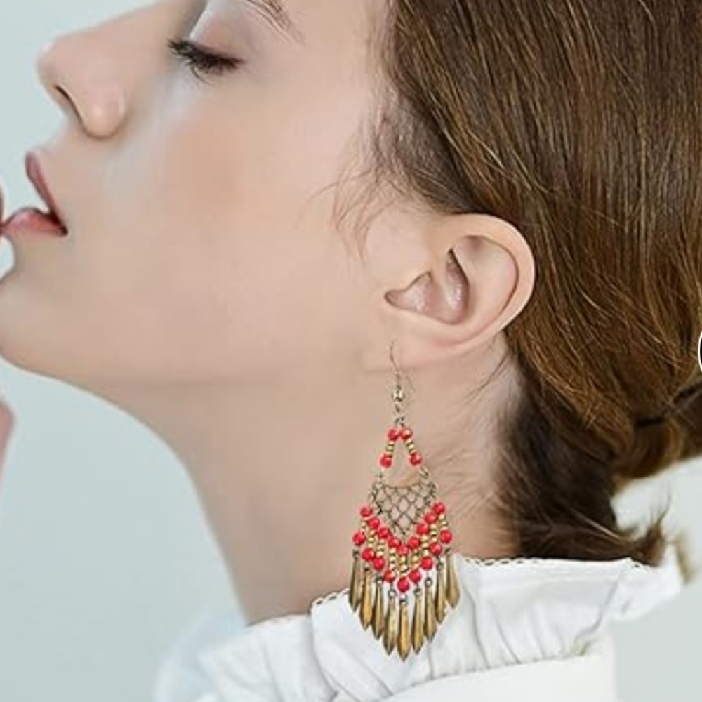 Handmade Vintage Bronze Bohemian Orange Beaded Chandelier EarringsStyle